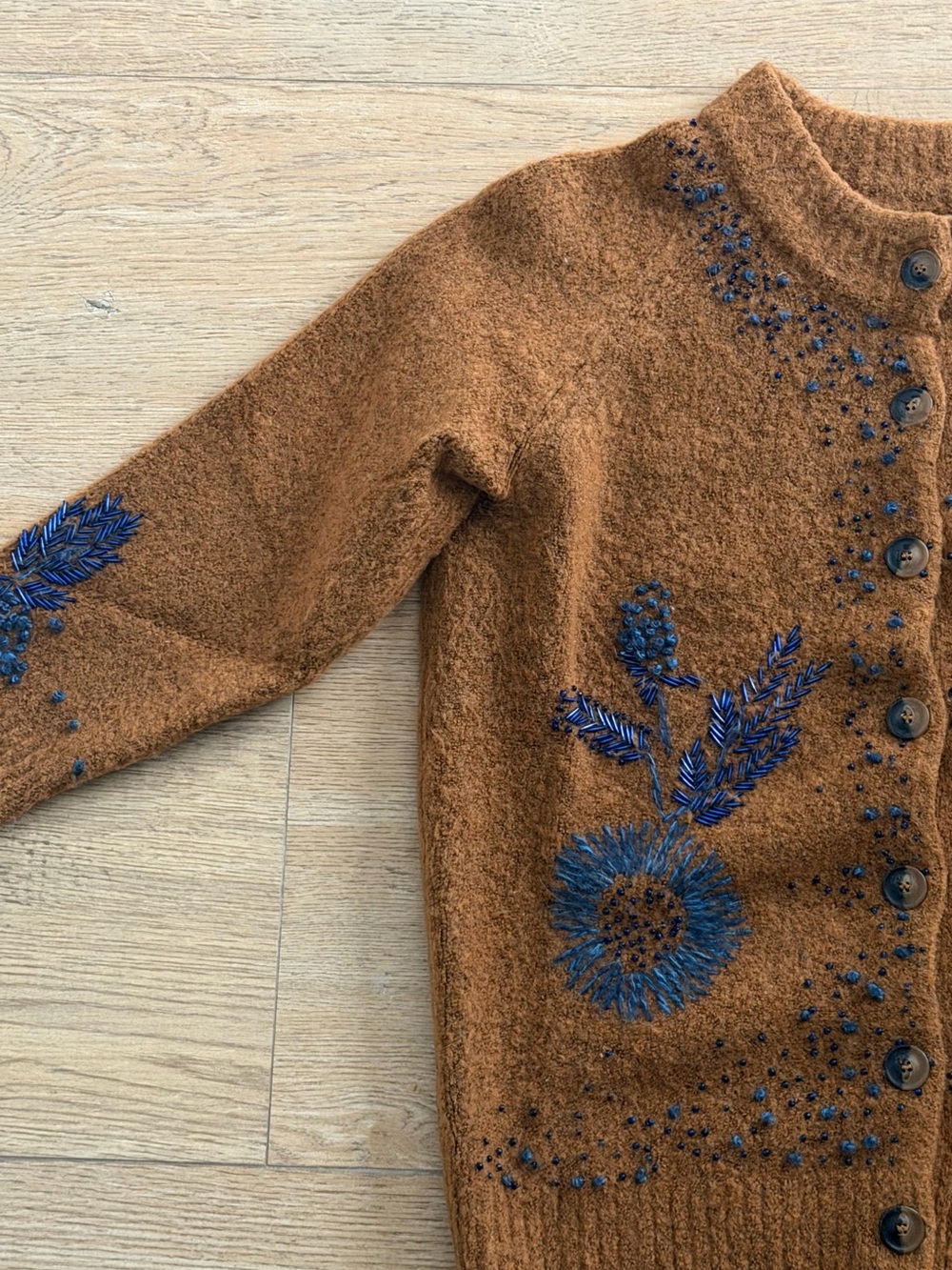 Women’s Brown Embroidered Button-Up Sweater with Blue Floral Detail